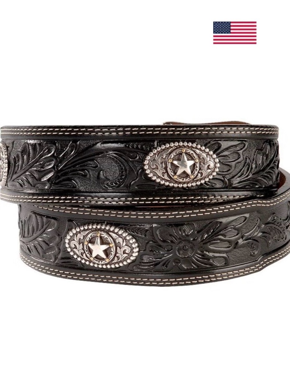 Justin Black Silver Stars Embossed Belt Made In U.S.A! 🇺🇸